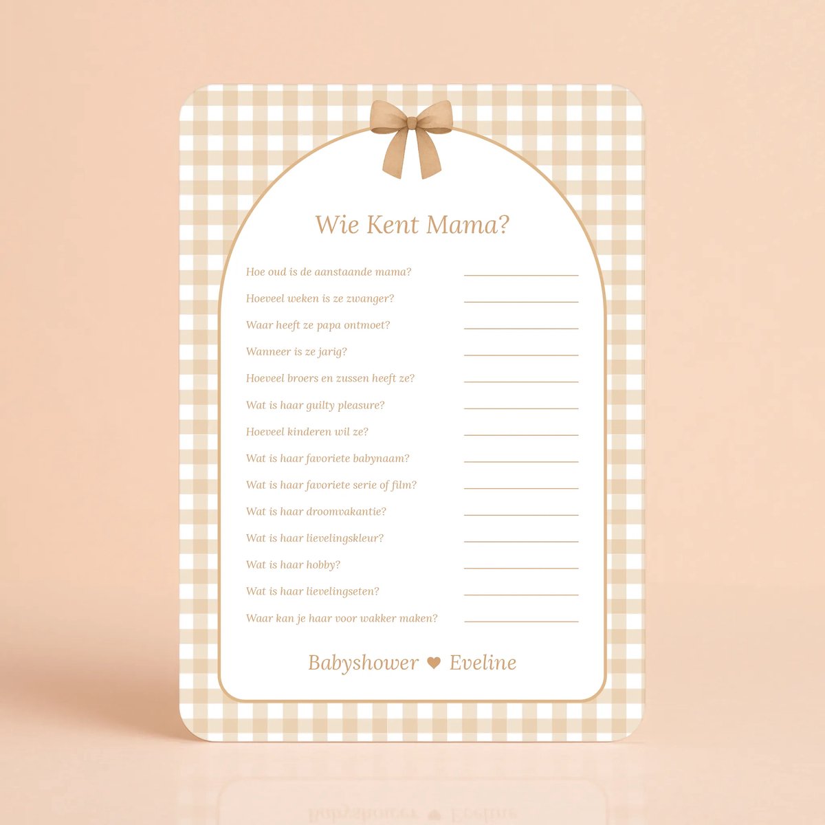 Gepersonaliseerde Gender Reveal & Babyshower invulkaarten – Wie Kent Mama – Gingham Bruin - 20 Stuks - Babyshower Cadeau - Babyshower Spelletjes
