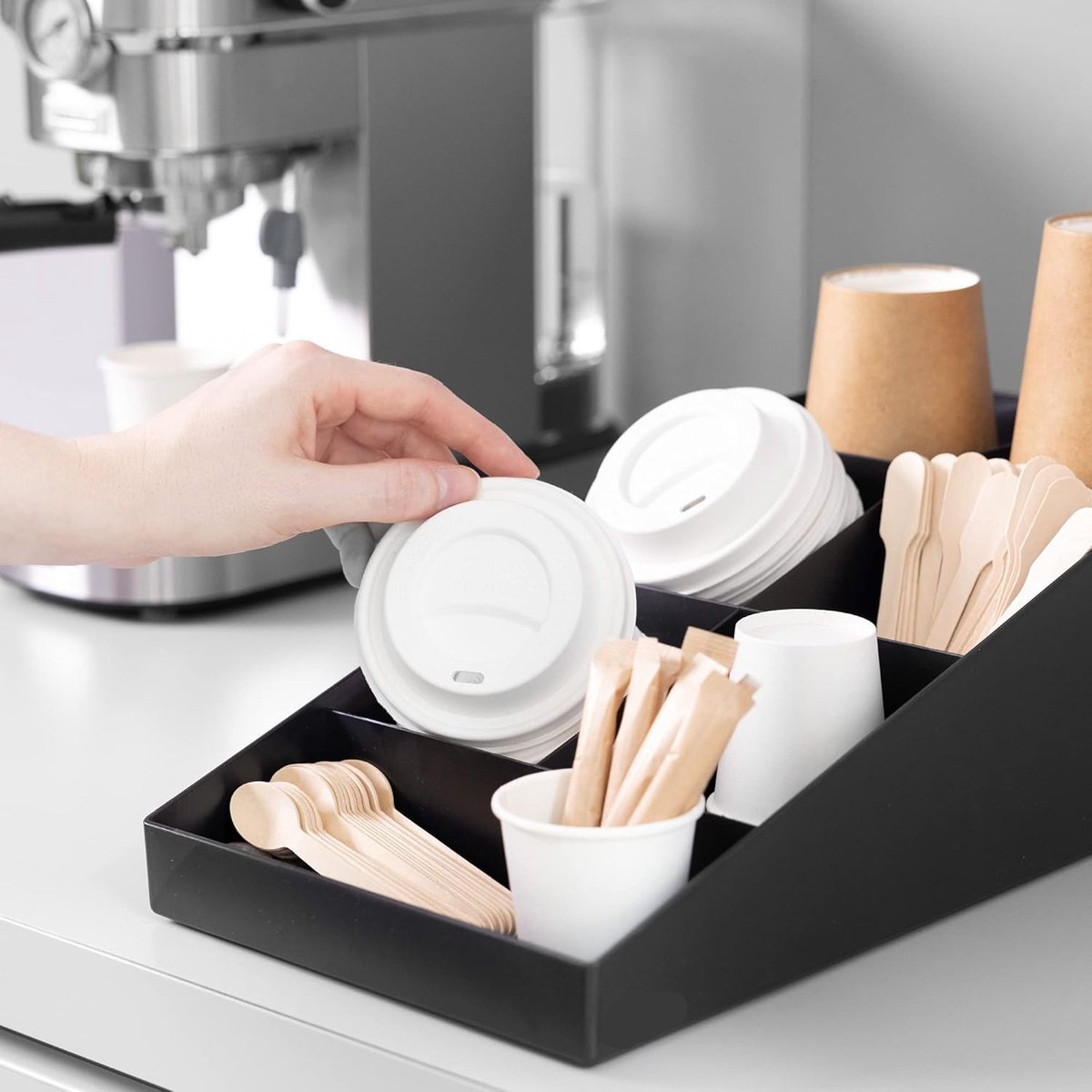 Famanu - Zwarte koffieaccessoires organizer met 7 vakken, compacte houder voor suiker, melk en theezakjes voor thuis of werkruimte