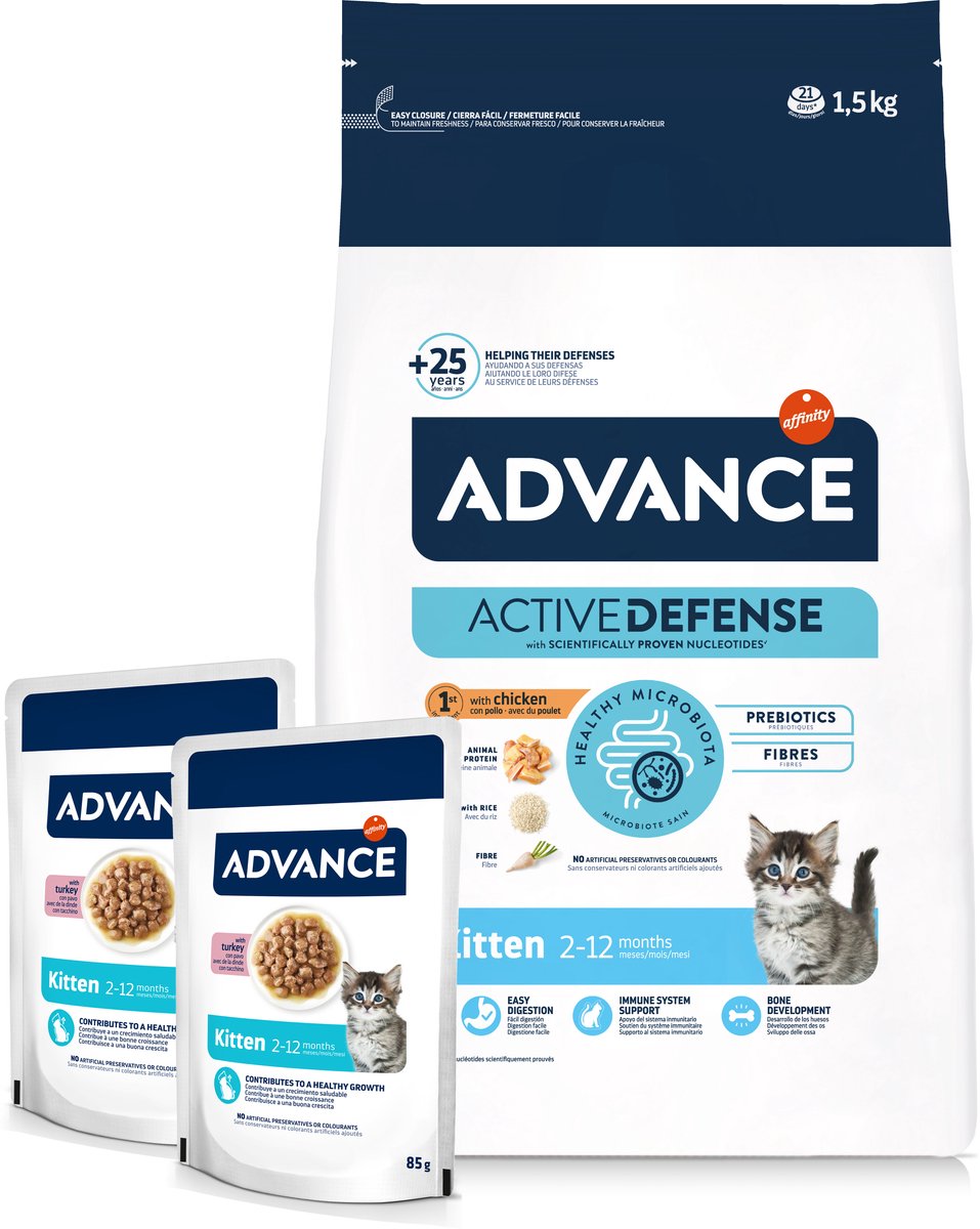 Advance Kattenvoer - Kip Rijst 1,5kg + 2 Pouches 85g - Volledige voeding voor kittens, met prebiotica en nucleotiden