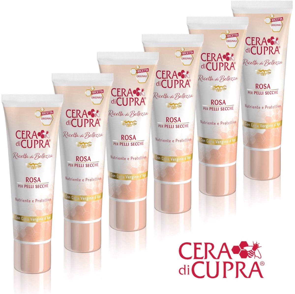 6 Stuks - Cera di Cupra Rosa Crème € 5,95 per stuk, inclusief tubeknijper - Dé verzorgende anti-age dagcrème, met echte Cupra bijenwas, voor de droge en normale huid. Ook geschikt voor mannen, bijvoorbeeld i.p.v. after shave