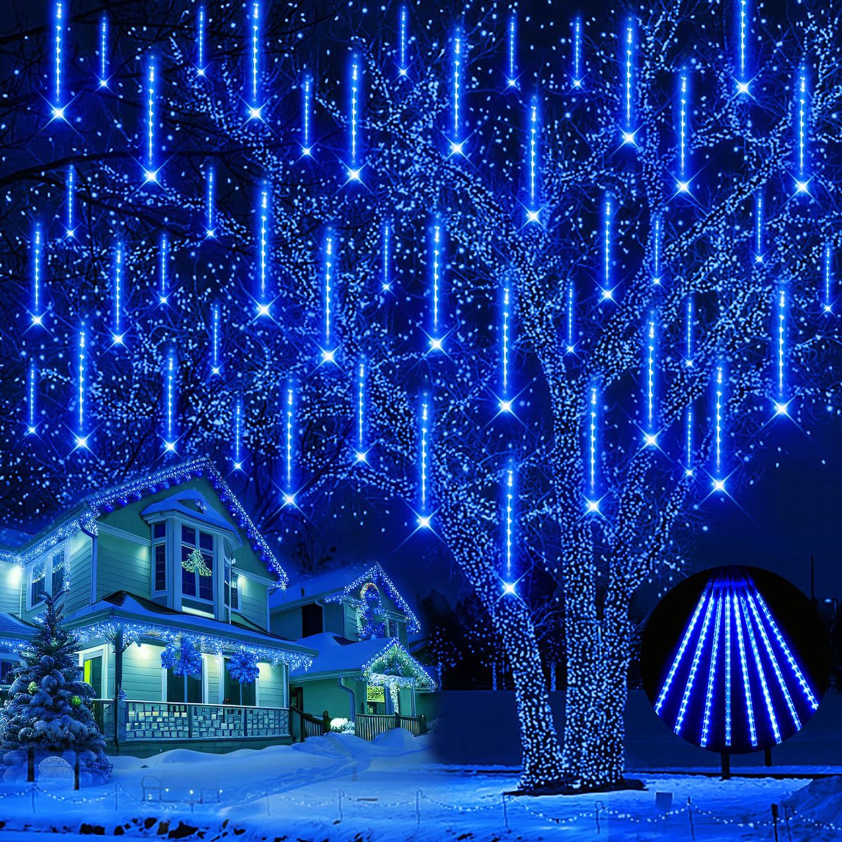 MUPOO 2x Kerstverlichting Meteorenregen Lichtsnoer voor buiten- 50cm 288 LEDS Blauw licht - 360° Buitenverlichting-Energiebesparing en milieubescherming-Voor Skiresorts en Kerstcircus Evenementen