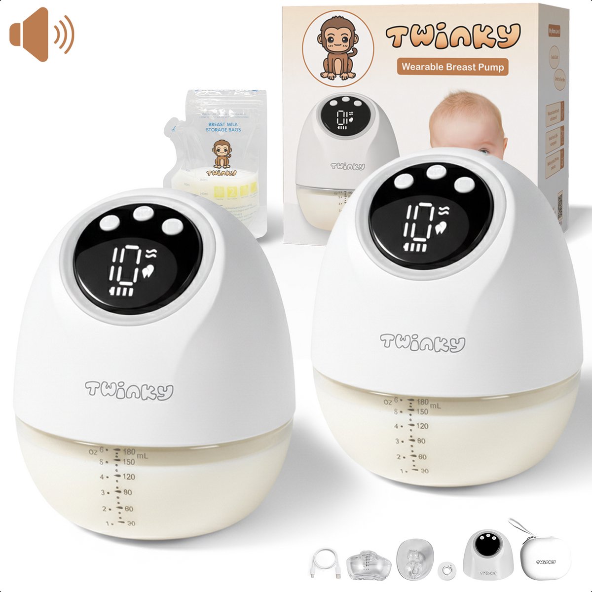 Twinky® 2x Elektrische Borstkolf Wit – Duo Set – Volledige Kolfset Incl. 5x Moedermelk Bewaarzakjes – Handsfree, Geluid- & pijnloos, BPA Vrij - Moedermelk Machine voor Baby’s