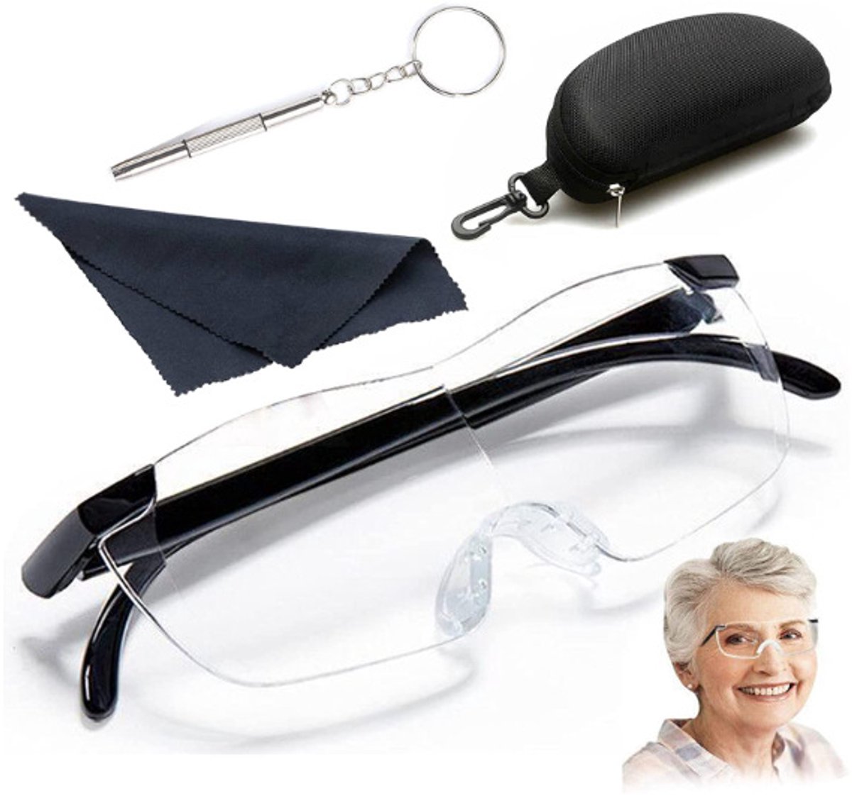 Vergrootglas voor presbyopie, anti-vermoeidheid, blauw licht, met brillenkoker, zwart
