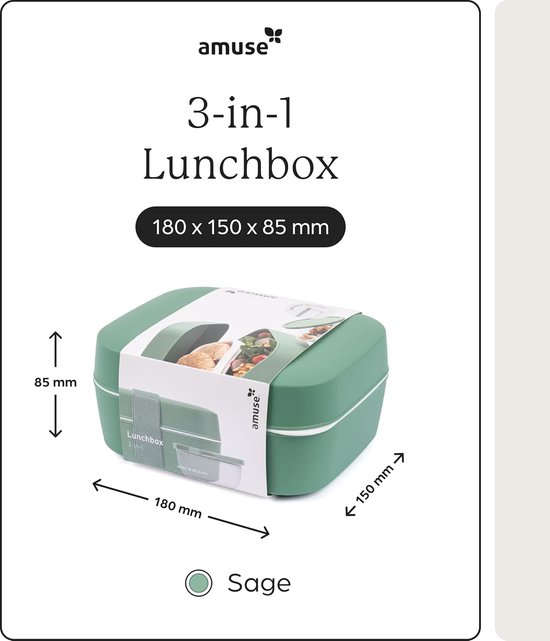 Amuse Lunchbox 3-en-1 Sage - Boîte à lunch avec grille et pot à sauce - Compatible lave-vaisselle, micro-ondes et congélateur - Vert