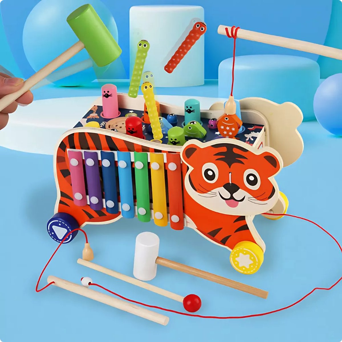 Houten Tijger Speelgoed 8-in-1 – Xylofoon, Hamertje Tik & Trekspeelgoed – Educatief Montessori Speelgoed – Vanaf 1 Jaar