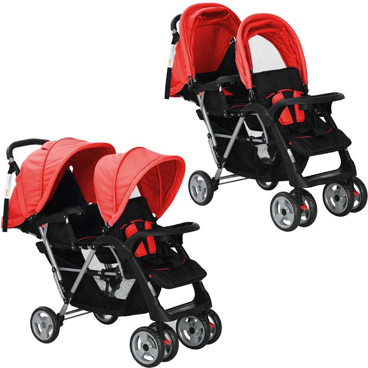 Bol.com vidaXL - Kinderwagen - dubbel - staal - rood - en - zwart aanbieding