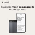 PLAUID notitieapparaat met een smartphone waarop een document is geopend met de titel 'Strategic Planning and Product Development Discussion'.