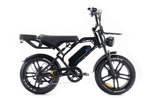 Elektrische fatbike V20 Pro 2025 zwart 250W e-bike 25 km/h 60 km actieradius hydraulische remmen achterzitje
