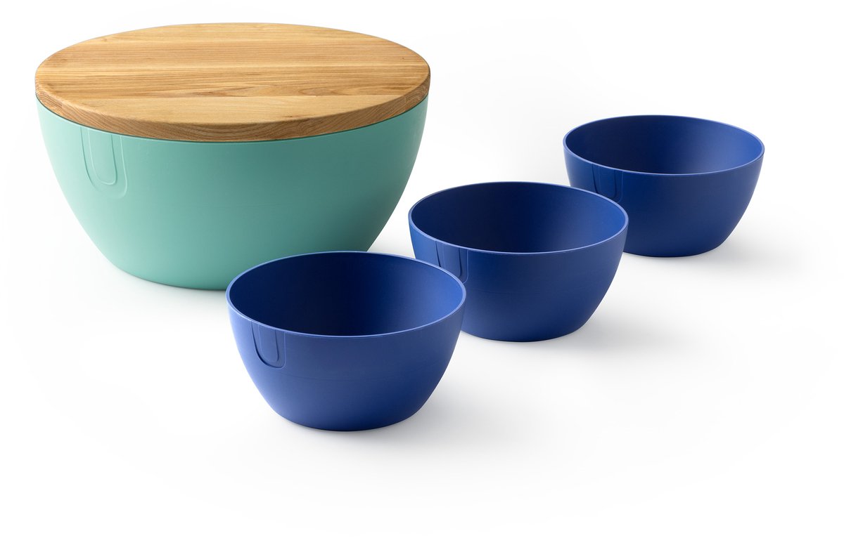 UBITE set – bio-based saladeschaal aquamarine groen (XL - Ø 27) inclusief deksel/snijplank + set van 3 bio-based bowls silicate blauw (S - Ø 13) - saladeschaal/saladekom/kom/schaal/bakje/duurzaam