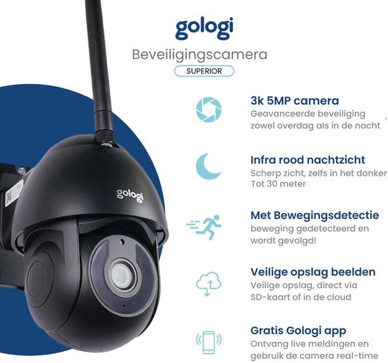 Zwarte beveiligingscamera met 3K 5MP camera, infrarood nachtzicht tot 30 meter, bewegingsdetectie en cloud opslag.