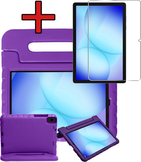 Paarse kindvriendelijke tablethoes, met geïntegreerde standaard, een tablet en screenprotector.