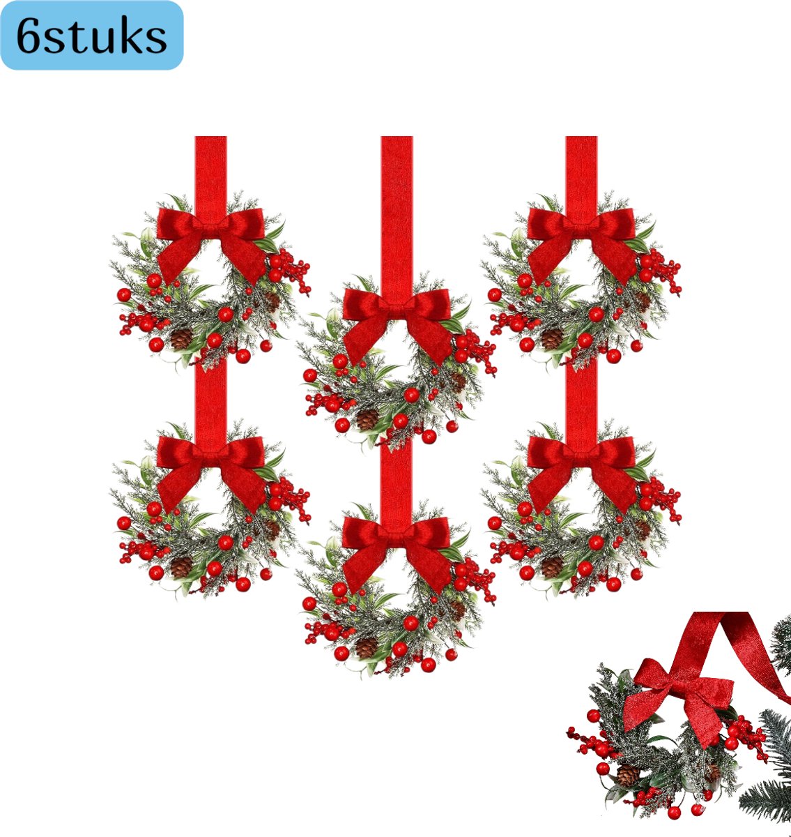 6 stuks - Kerstkransen - Deurhangers - Lintstrikken - Opberghaken - Inclusief dennenappelversieringen - Geschikt voor Kerstmis en dagelijks gebruik - Voor deuren, kasten en muren - Rood