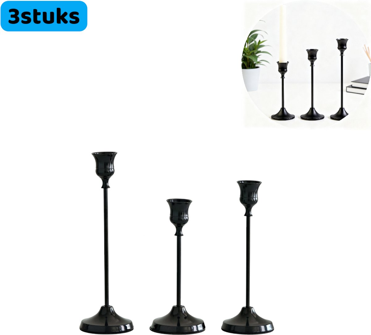 3 stuks - Kandelaars - Eigentijdse stijl - Voor tafeldecoraties - Romantische diners, bruiloften en feesten - Kerstdecoraties - Zwart