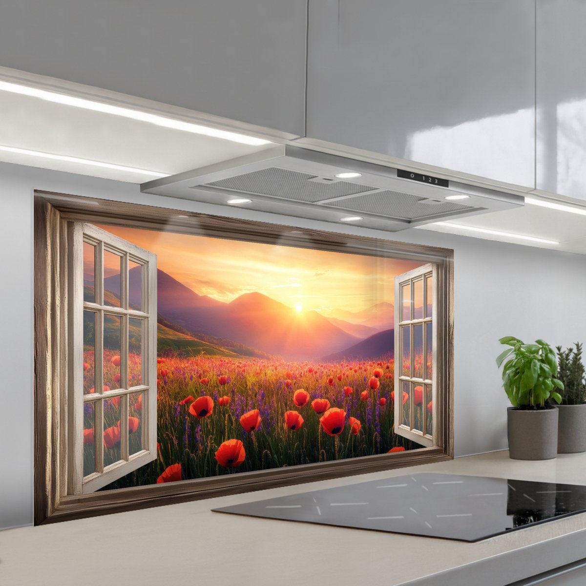 KitchenYeah Spatscherm 120x60 cm Zelfklevende achterwand Doorkijk Klaprozen Bloemen Rood Open raam Keuken muurbeschermer Spatwand fornuis