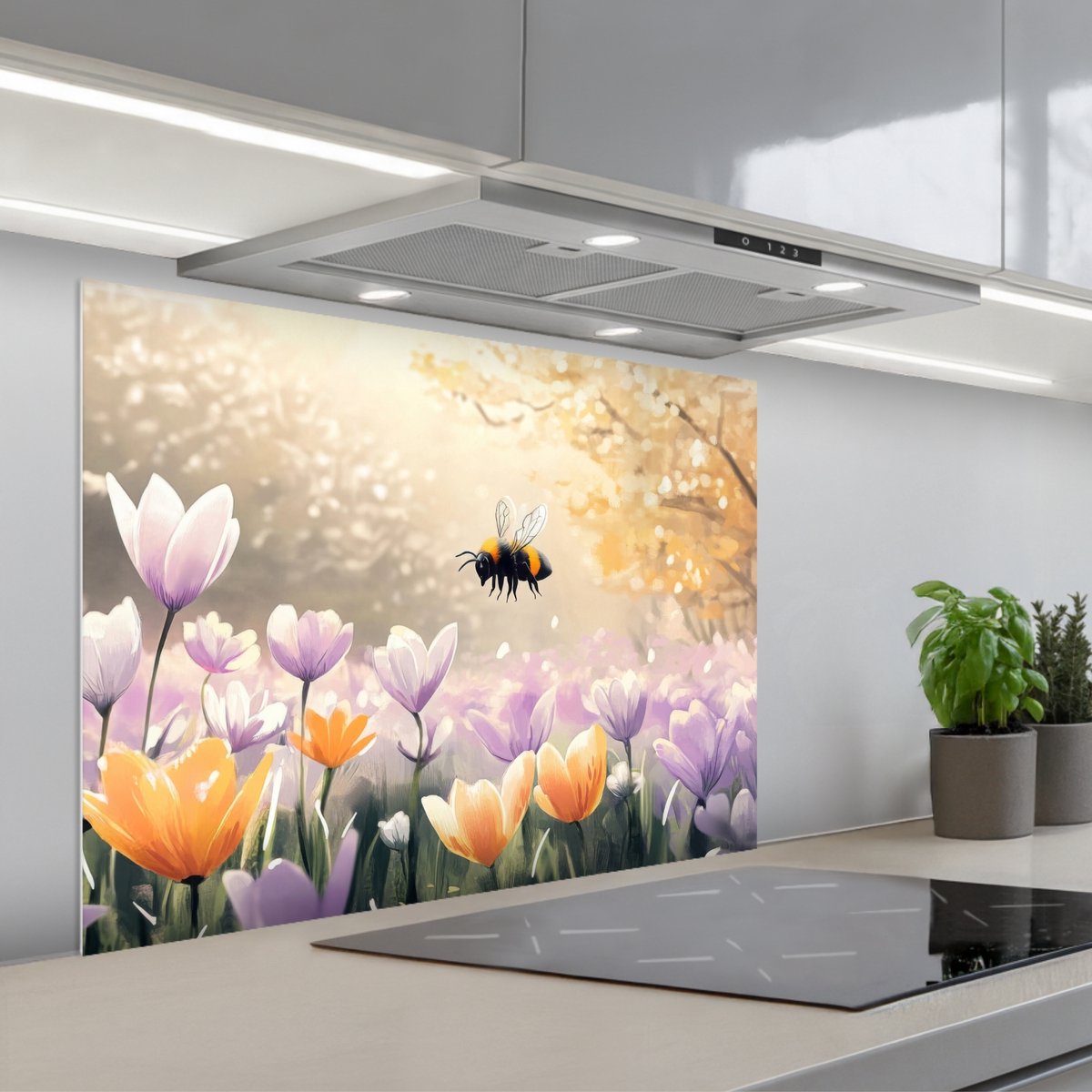 KitchenYeah Spatscherm 80x60 cm Zelfklevende achterwand Viooltjes bij Zonlicht Keuken muurbeschermer Spatwand fornuis