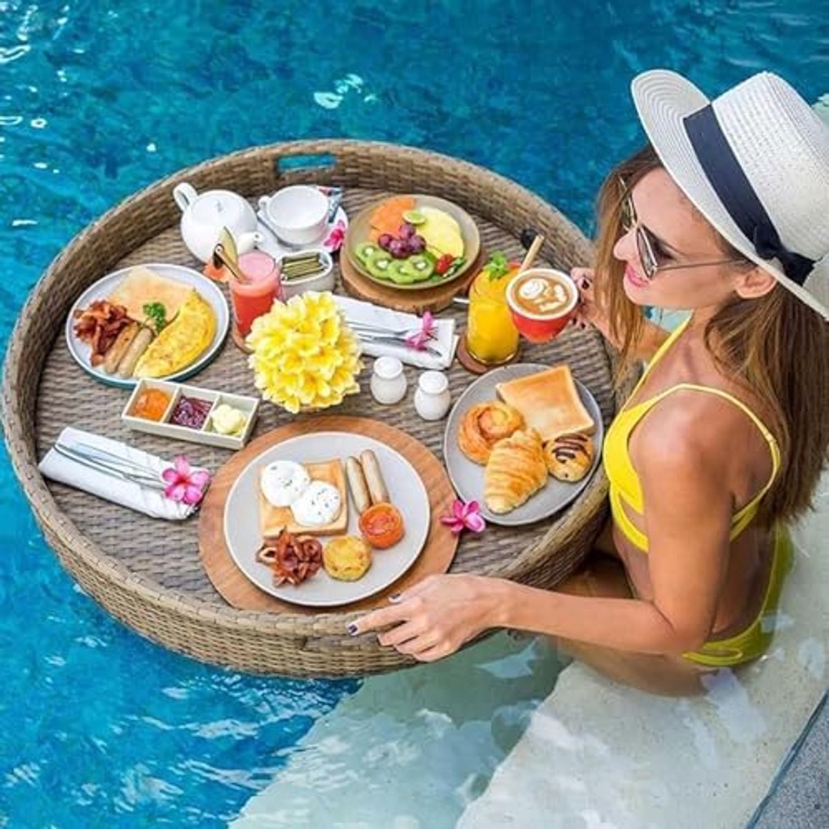 Abrikoos Luxe Drijvende Rattan Servicetafel 60 x 60 x 15 cm - afbeelding 3