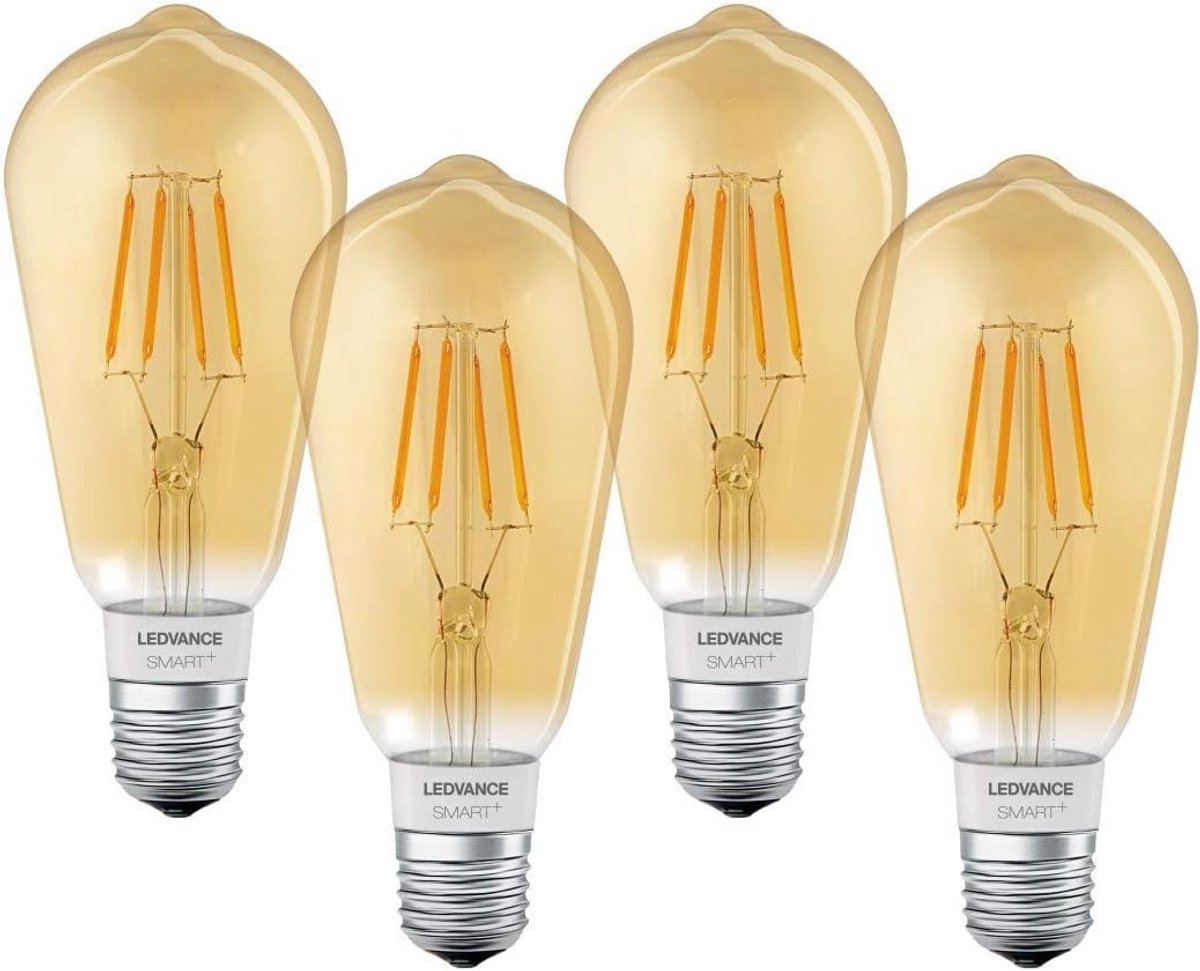 LEDVANCE Smart LED-lamp met Bluetooth Mesh-technologie, Edison Gold-filament, E27-fitting, dimbaar, warm wit (2400K), vervangt 50W gloeilampen, bedienbaar met Alexa en Google, 4-pack
