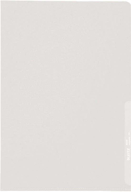 Transparante A4 insteekmap van Leitz met een licht gestructureerd oppervlak en een tab aan de rechterzijde.