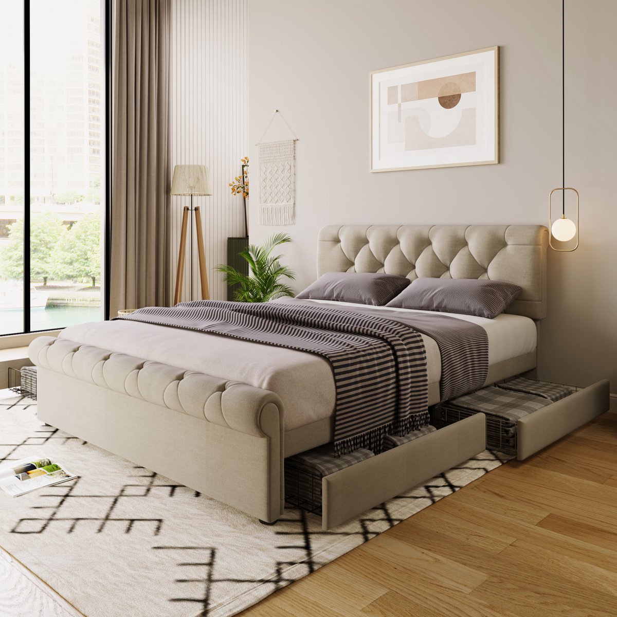 Merax Gestoffeerd bed 140x200 cm - met 4 lades en een verstelbare hoofdbordhoogte - Chesterfield-bed - natuurlijke kleur - zonder matras
