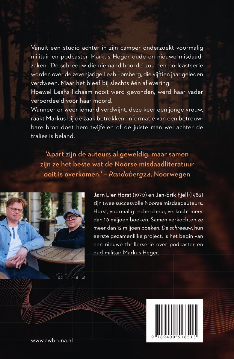 Achterpagina van "De schreeuw" met tekst en foto van de auteurs Jørn Lier Horst en Jan-Erik Fjell.