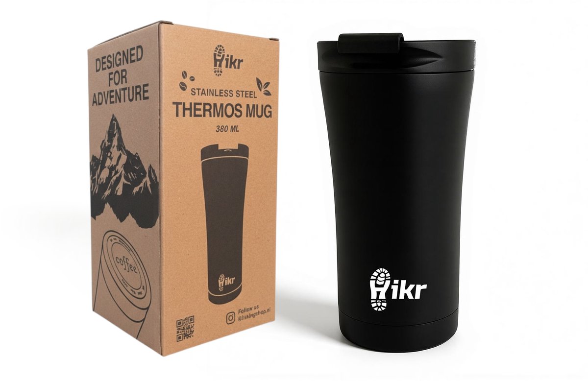Hikr Thermosbeker to go 380ml – 18/8 RVS Koffiebeker – Reisbeker voor koffie en thee – Lekvrij & vacuüm – Zwart