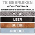 Illustratie van "MESH", "LEER", "SUEDE", "NUBUCK" met tekst "TE GEBRUIKEN OP 'ALLE' MATERIALEN".
