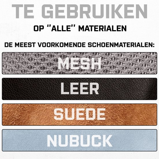 Illustratie van "MESH", "LEER", "SUEDE", "NUBUCK" met tekst "TE GEBRUIKEN OP 'ALLE' MATERIALEN".