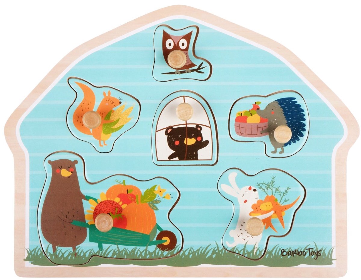 Houten Pegpuzzel – Bosfiguren – 6 Delen – Educatief Houten Speelgoed met Knopjes – Stimuleert Motoriek & Creativiteit – Voor Peuters vanaf 2 Jaar – Duurzaam Hout – CE