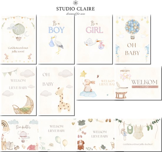 12x Luxe Felicitatiekaarten Geboorte – Neutrale & Unieke Wenskaarten Baby – Set Geboortekaartjes met Enveloppen – Premium Kwaliteit Kaartenset – Unisex Babykaarten - Studio Claire