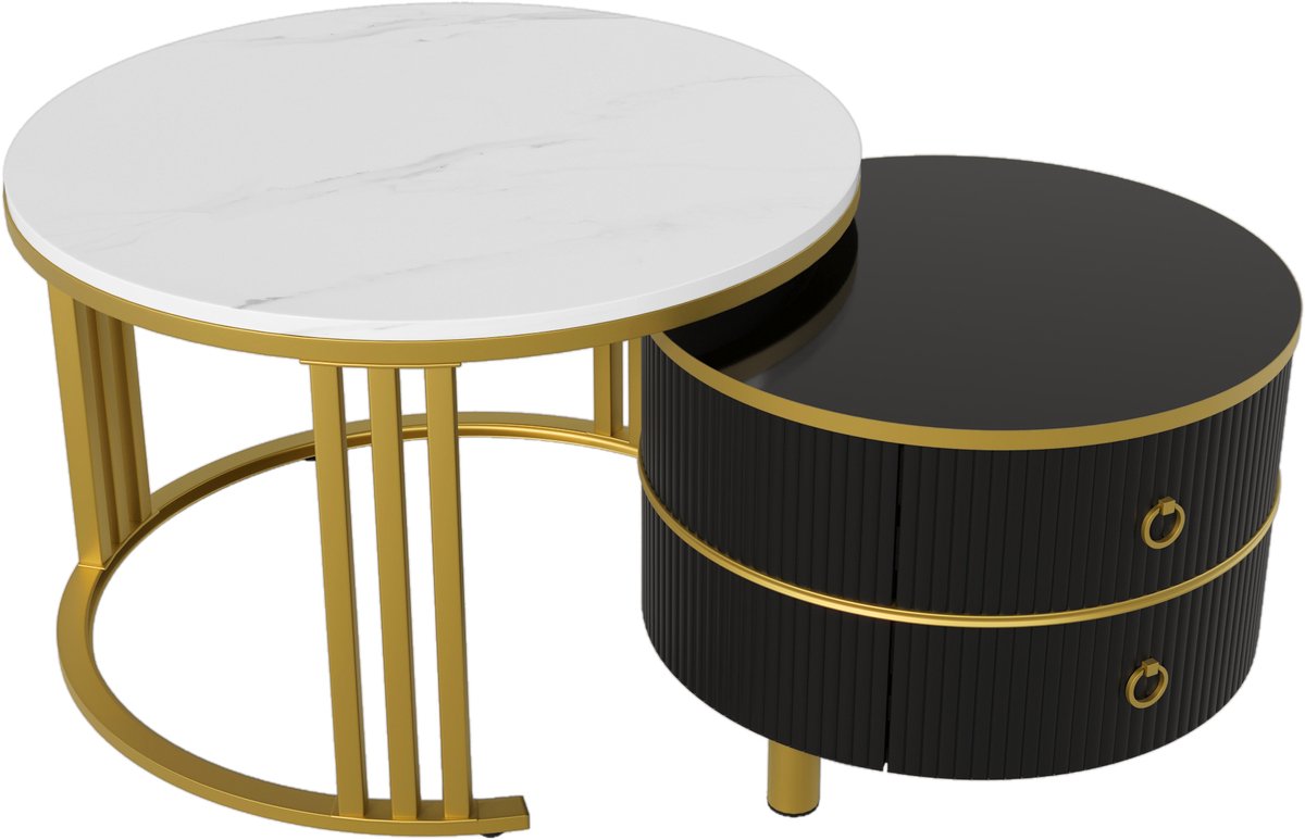 REDOM Ronde 2-in-1 salontafelset 70×70/50×50 cm – zwart MDF met marmerpatroon & hoogglans blad, 2 lades, metalen poten, ruimtebesparend design