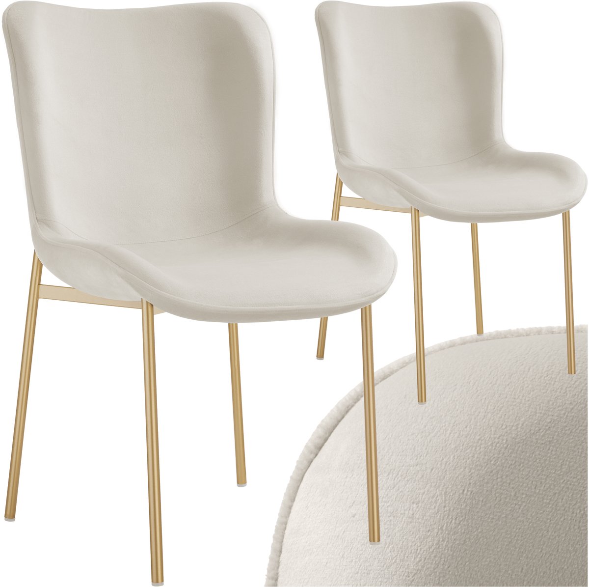 tectake® Gestoffeerde stoel - Eetkamerstoel - Fluweellook - Ergonomische vorm - Hoge rugleuning - Draagkracht 120 kg - Diverse kleuren - Set van 2 - Beige/goud