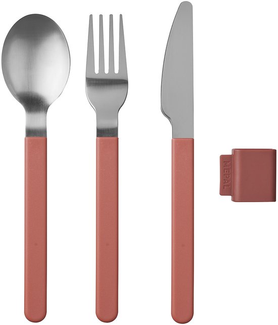 Couverts argentés avec manches vieux rose et clip de rangement vieux rose.