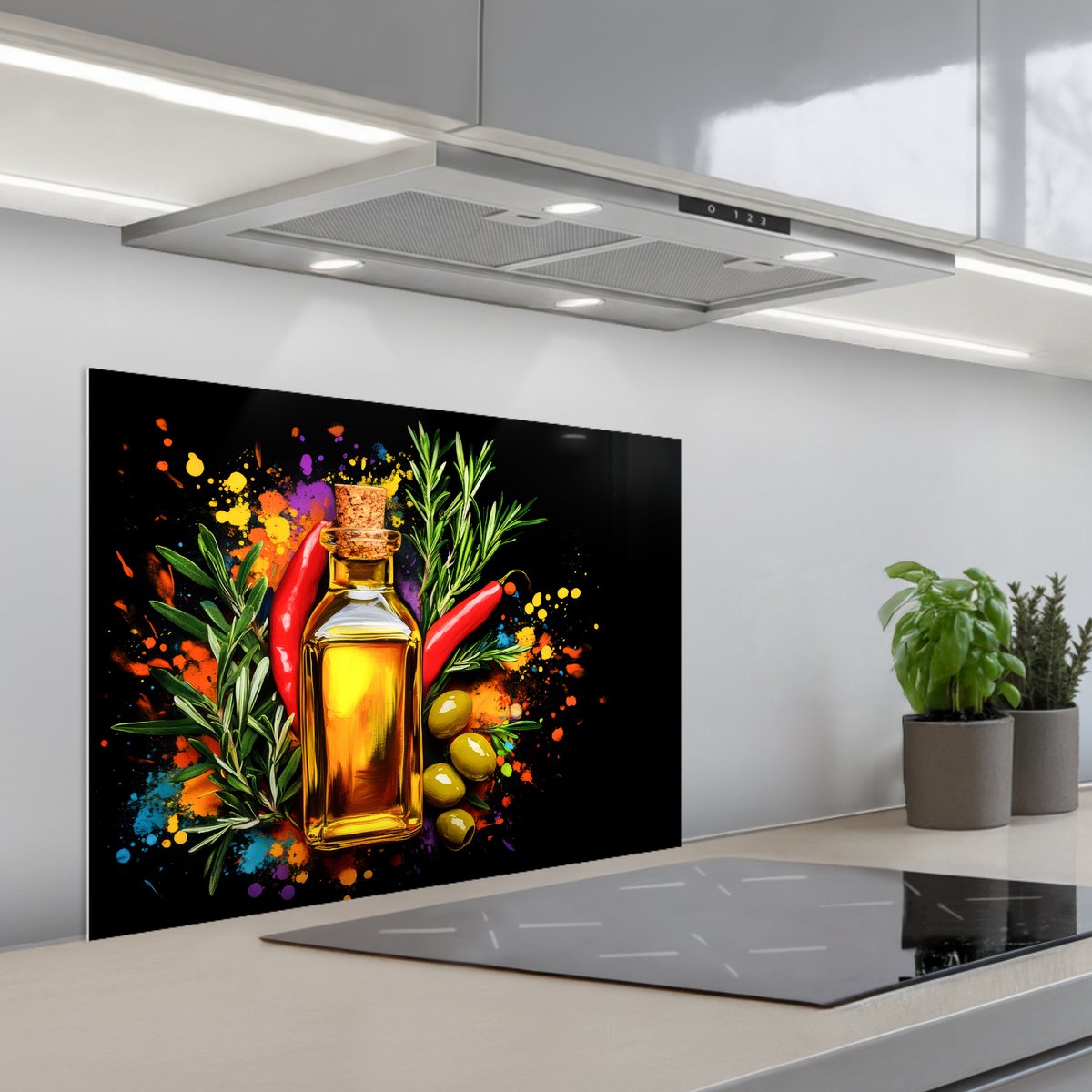 Spatscherm 70x50 cm - Zelfklevende achterwand Olijfolie - Graffiti - Peper - Olijven - Modern - Keuken muurbeschermer - Spatwand fornuis