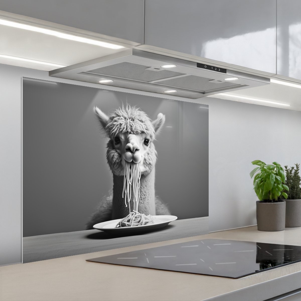 KitchenYeah Spatscherm 80x60 cm Zelfklevende achterwand Alpaca Pasta Zwart Wit Grappig Dieren Keuken muurbeschermer Spatwand fornuis