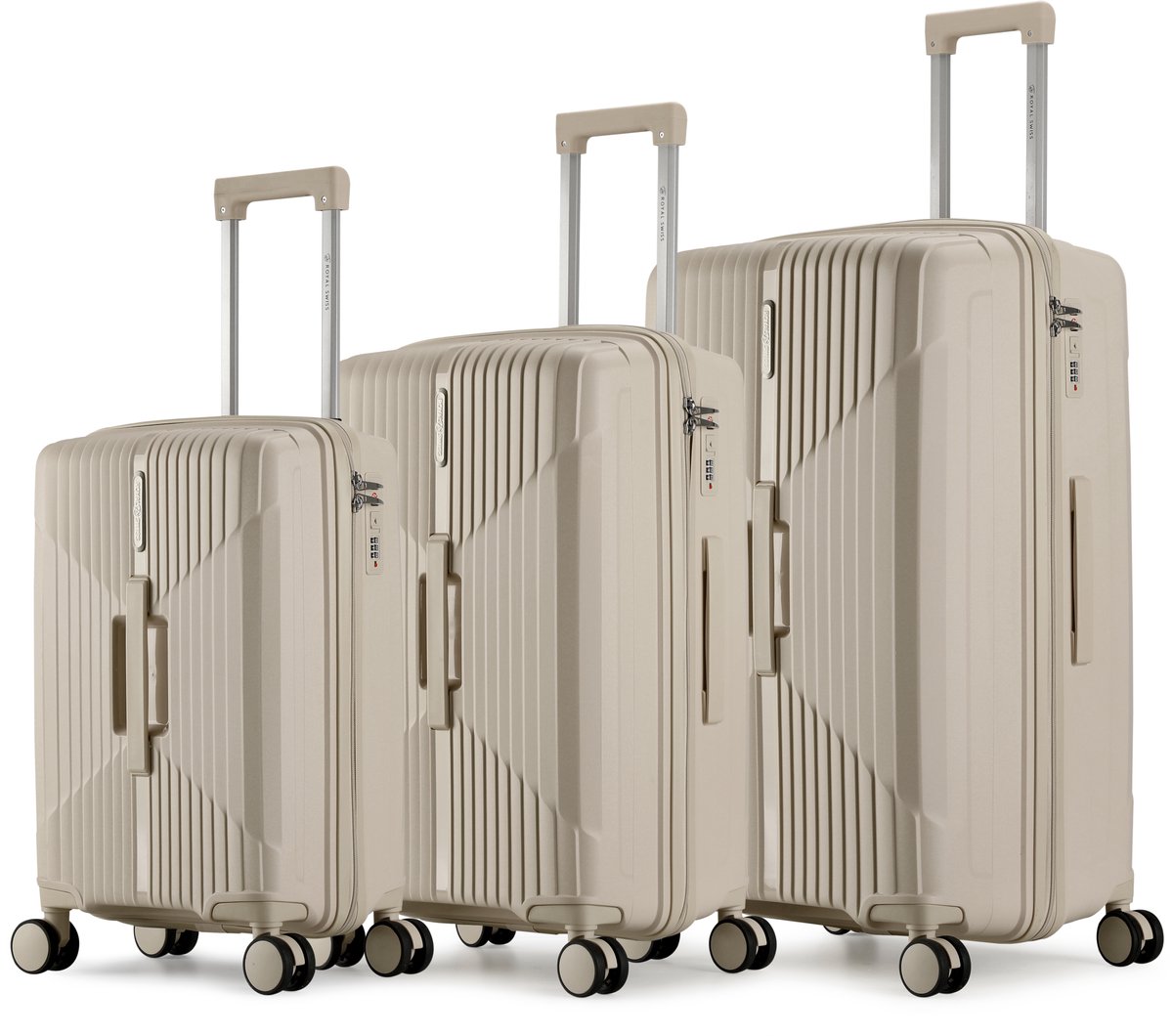 Royal Swiss® Kofferset 3-Delig – PP Hardcase X-Design – 20/24/28 inch – Lichtgewicht & Krasbestendig – TSA Slot – 360° Wielen – Beige