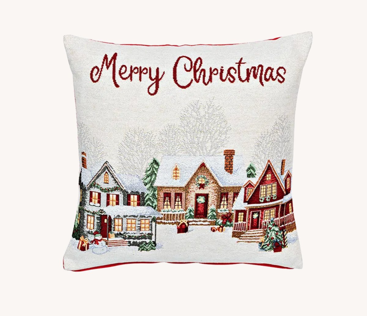 Kussenhoes kersthuisjes decor van textiel, beige/rood (B/H) 45x45cm met rits