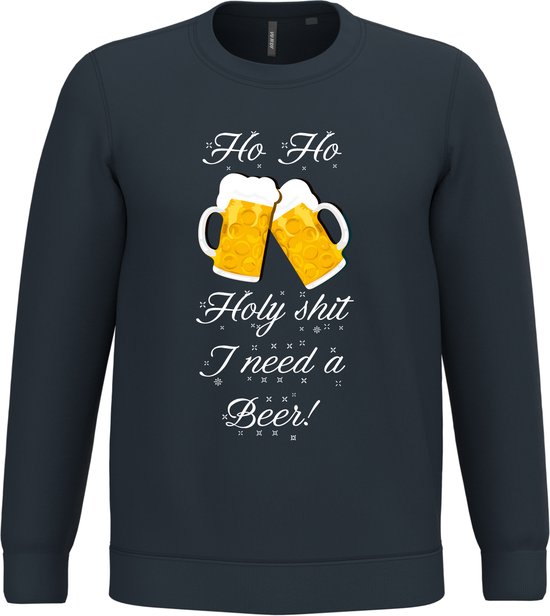 Kersttrui Ho Ho Holy Shit I Need a Beer | Foute Kersttrui heren dames | Christmas Sweater | Navy | maat XS