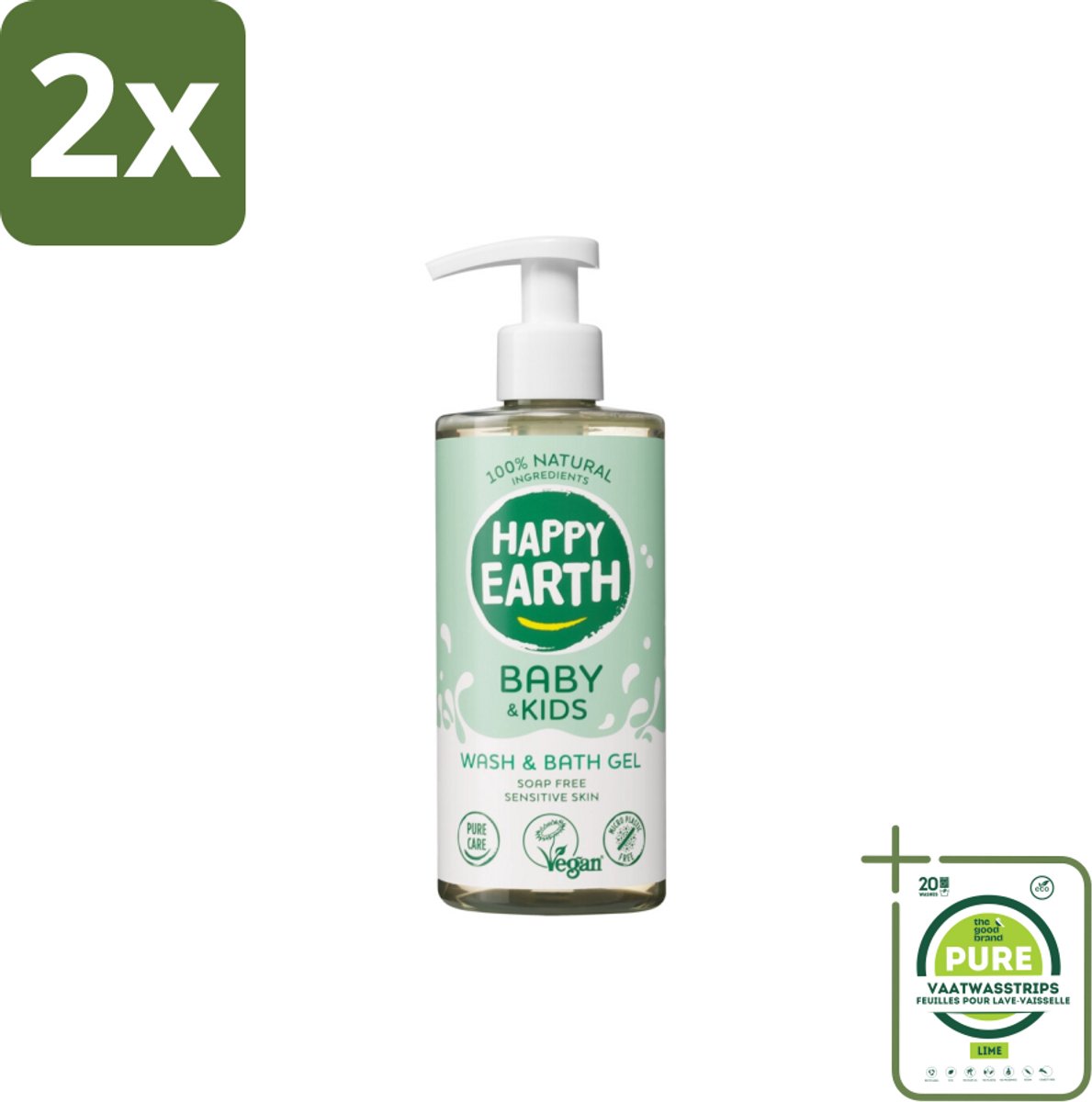 Happy Earth – Was & Badgel – Zeepvrij Baby & Kids – 300 ml - Voordeelverpakking - 2 stuks - Wasgel - Huidverzachter