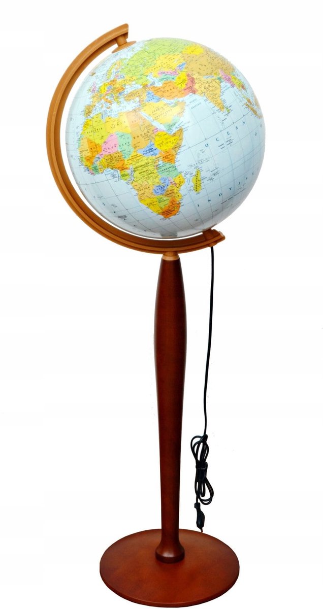 Verlichte Wereldbol 32cm Politiek-Fysisch met Hoge Houten Voet