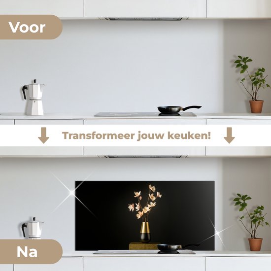 Spatscherm 90x45 cm - Zelfklevende achterwand Sierlijk - Boeket - Goud - Vaas - Keuken muurbeschermer - Spatwand fornuis