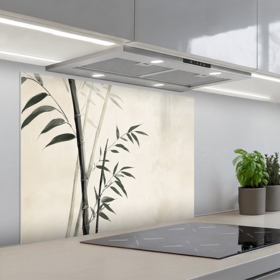 Spatscherm 90x70 cm - Zelfklevende achterwand Japandi - Bamboe - Beige - Keuken muurbeschermer - Spatwand fornuis