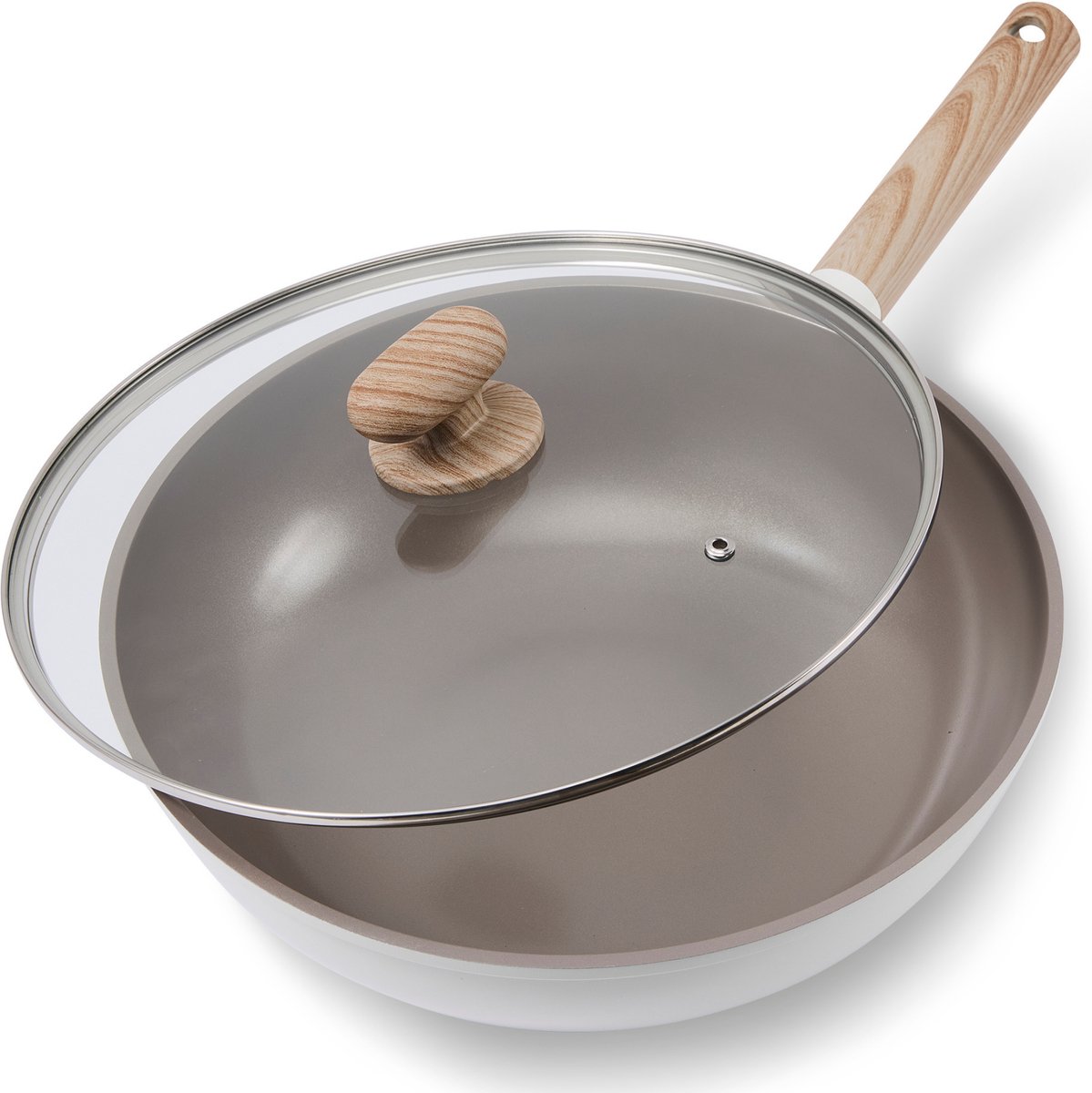 Alice by ISENVI Wokpan Inductie met Deksel - 30 cm - Keramisch - Koudgreep - Wok - PFAS, PTFE Vrij - Alle warmtebronnen - Beige