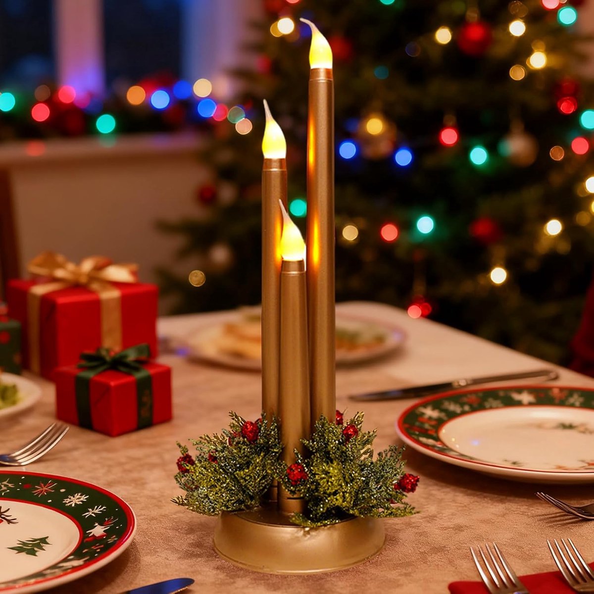 Daity 1 stuk - Vlamloze kegelkaars met voet - 12-inch plastic batterijgevoede vlamloze kaars met 3D-lont - LED-kaarsenhouder - geschikt voor bruiloften en kerstdecoraties
