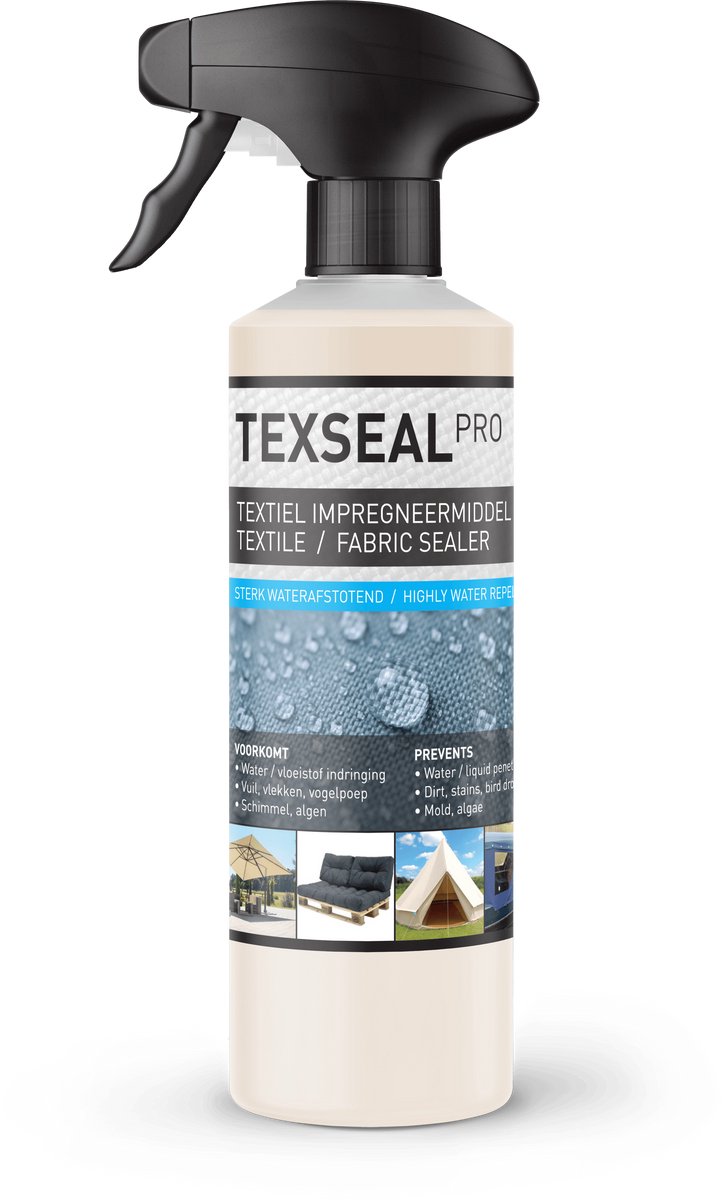 Texseal Pro 500ml / 3m² - Textiel Impregneerspray – Nano Coating – 100% Waterafstotend & Vuilwerend – Duurzaam Impregneren van Tuinkussens, Tenten, Kleding, Meubelstof, Banken, Schoenen, Jas waterdicht maken
