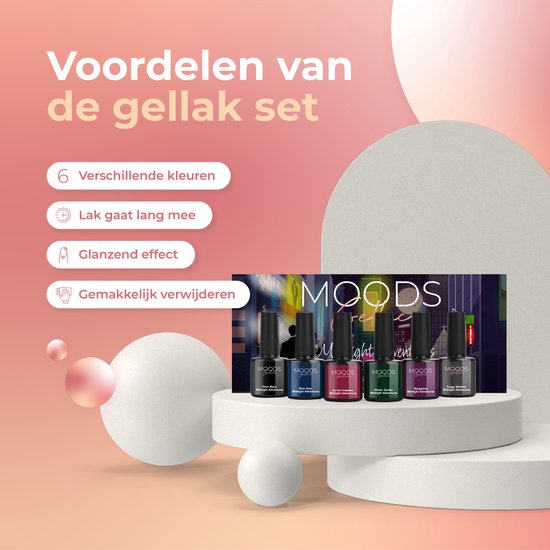 Zes flesjes Moods Gellac op een display. Voordelen: 6 kleuren, langdurig, glanzend, makkelijk te verwijderen.