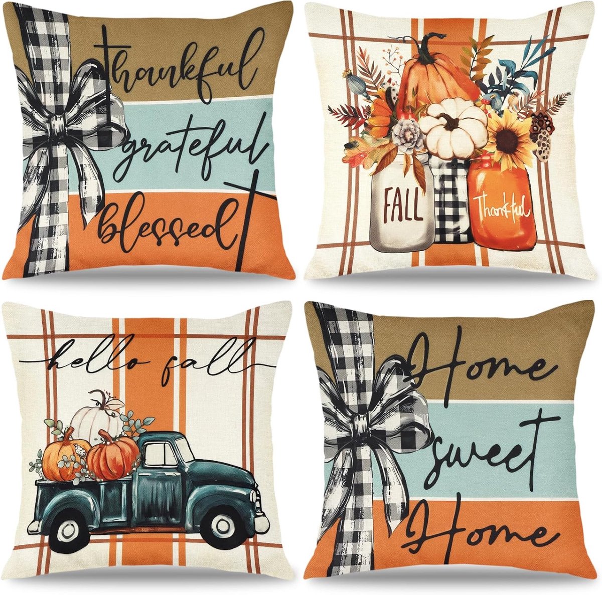 Famanu Set van 4 Herfst Kussenslopen 45x45 cm Pompoen Decoratieve Kussenhoes Esdoornblad Pompoen Vrachtwagen Gooi Kussensloop Zacht Linnen kussenhoezen voor Thanksgivingdag Halloween Herfst Herfst vrachtwagen