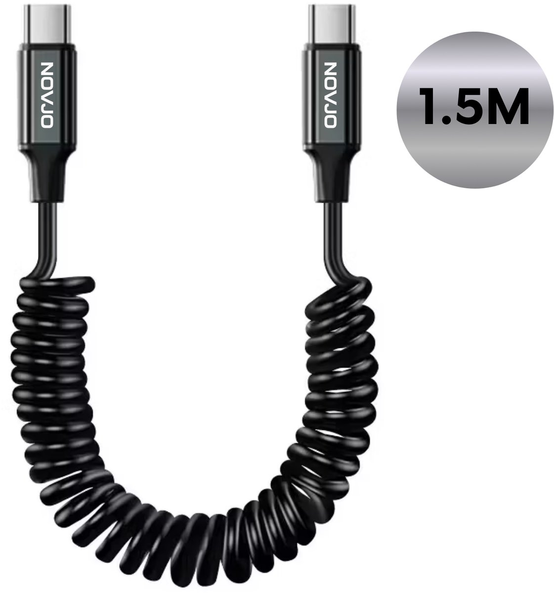 NOVJO 60W USB-C naar USB-C Snellaadkabel – 1.5m Spring Cable – Oprolbaar – Fast Charging