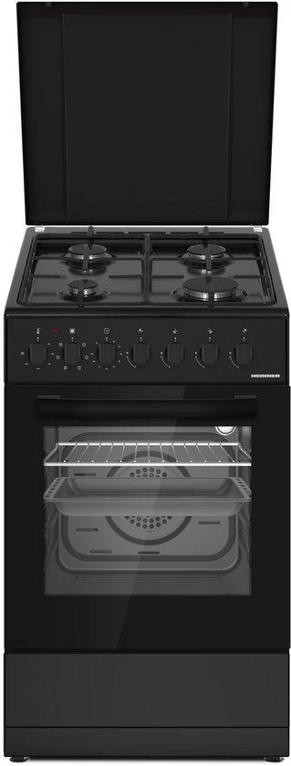 Zwart Heinner gasfornuis met vier branders, oven en onderlade. Deksel en ovendeur zijn open.