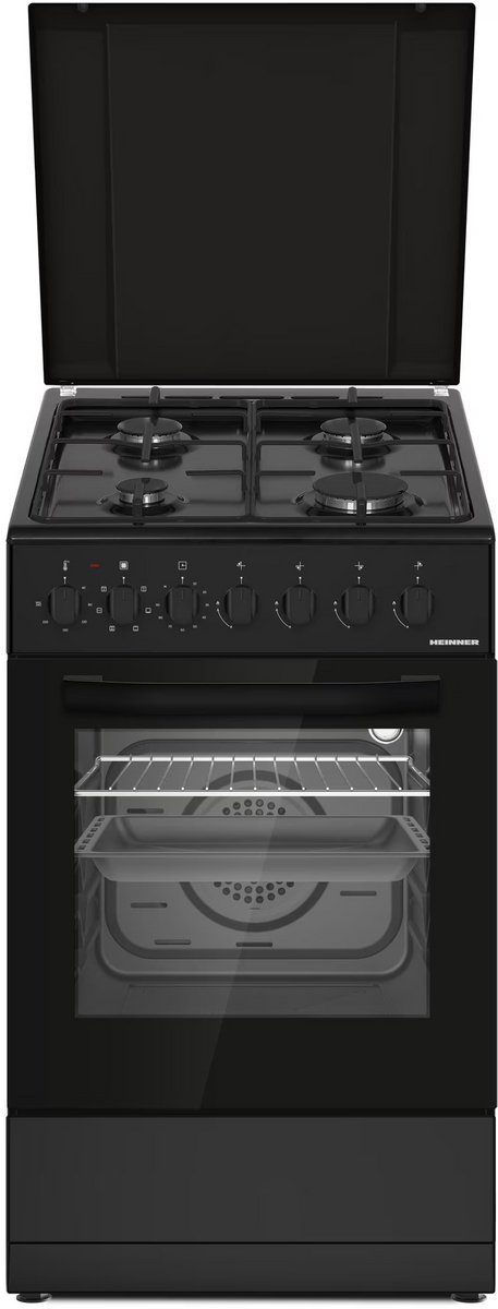 Heinner HFSC-S60LITGC-BK Gasfornuis – 43 L – 4 Gasbranders – Elektrische Ontsteking – Elektrische Oven met 6 Functies – Grill & Ventilatie – Zwart – 5 Jaar Garantie