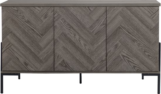 Grijs eikenhouten dressoir met visgraatpatroon en drie deuren, staand op zwarte poten.
